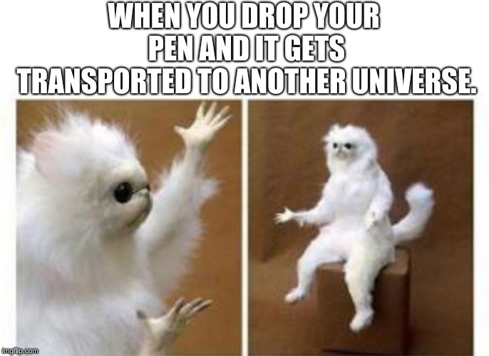 SO BASICALLY I MONKEY! |  WHEN YOU DROP YOUR PEN AND IT GETS TRANSPORTED TO ANOTHER UNIVERSE. | image tagged in confused white monkey,pen,universe | made w/ Imgflip meme maker