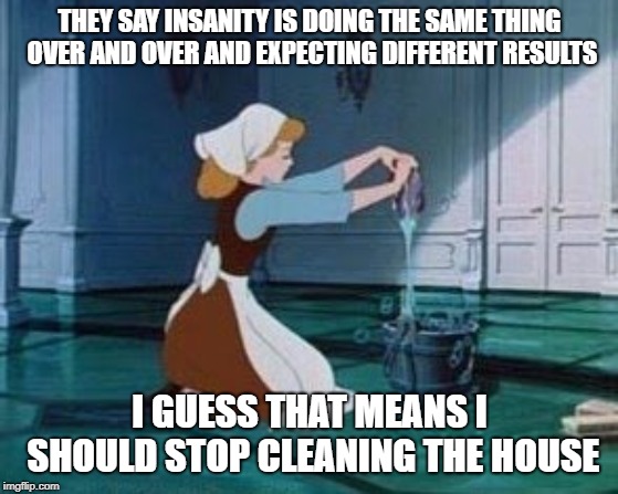 Someday my prince will come...and he'll leave muddy footprints in the foyer. | THEY SAY INSANITY IS DOING THE SAME THING OVER AND OVER AND EXPECTING DIFFERENT RESULTS; I GUESS THAT MEANS I SHOULD STOP CLEANING THE HOUSE | image tagged in cinderella cleaning,why am i doing this,clean up,useless stuff | made w/ Imgflip meme maker