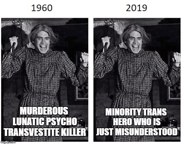 psycho | MINORITY TRANS HERO WHO IS JUST MISUNDERSTOOD; MURDEROUS LUNATIC PSYCHO TRANSVESTITE KILLER | image tagged in memes,psycho,transgender,minority | made w/ Imgflip meme maker