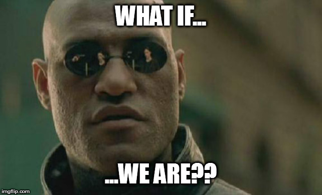 Matrix Morpheus Meme | WHAT IF... ...WE ARE?? | image tagged in memes,matrix morpheus | made w/ Imgflip meme maker