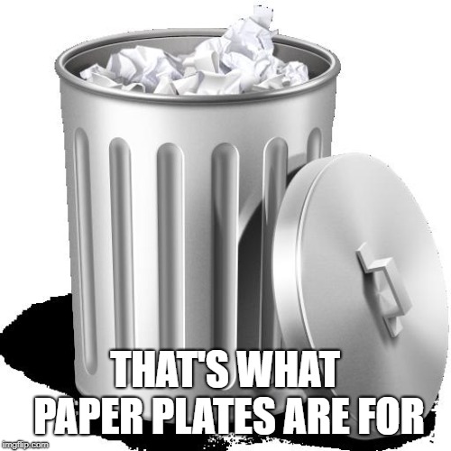 Trash can full | THAT'S WHAT PAPER PLATES ARE FOR | image tagged in trash can full | made w/ Imgflip meme maker