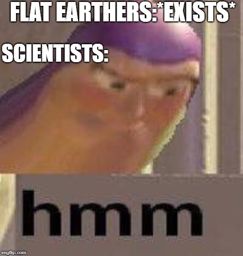 Buzz Lightyear Hmm | FLAT EARTHERS:*EXISTS*; SCIENTISTS: | image tagged in buzz lightyear hmm | made w/ Imgflip meme maker