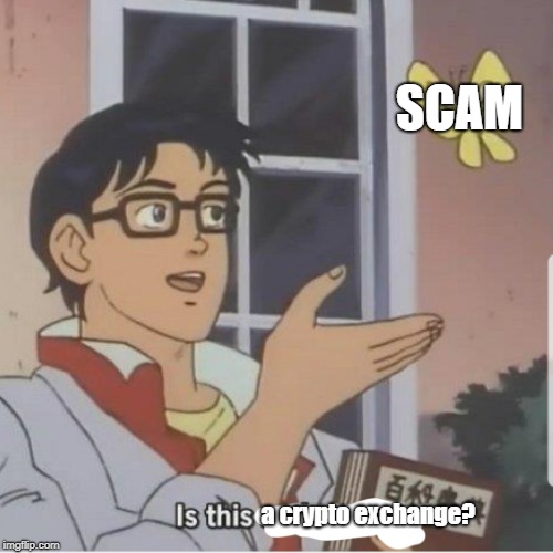 Butterfly man | SCAM; a crypto exchange? | image tagged in butterfly man | made w/ Imgflip meme maker