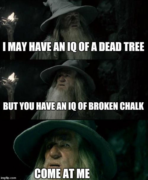 well you tried | I MAY HAVE AN IQ OF A DEAD TREE; BUT YOU HAVE AN IQ OF BROKEN CHALK; COME AT ME | image tagged in memes,confused gandalf | made w/ Imgflip meme maker