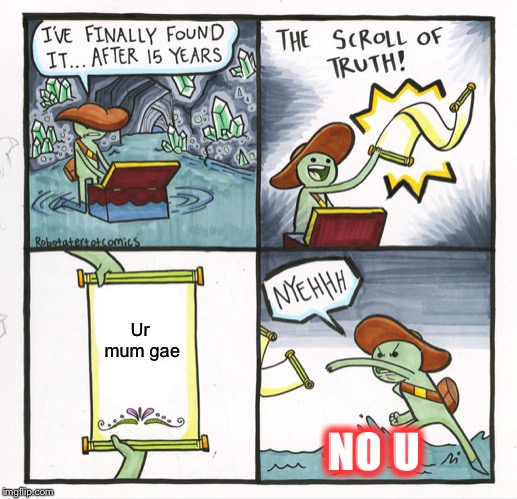 The Scroll Of Truth | Ur mum gae; NO U | image tagged in memes,the scroll of truth | made w/ Imgflip meme maker