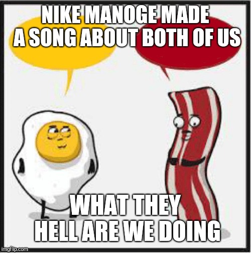 Bacon and Egg Cartoon | NIKE MANOGE MADE A SONG ABOUT BOTH OF US; WHAT THEY HELL ARE WE DOING | image tagged in bacon and egg cartoon | made w/ Imgflip meme maker
