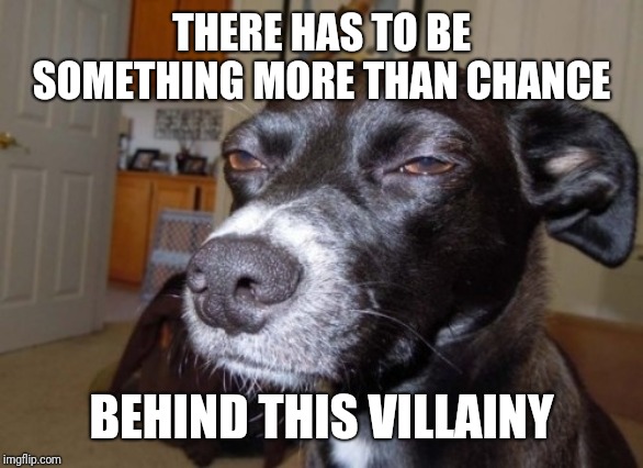 Suspicious dog | THERE HAS TO BE SOMETHING MORE THAN CHANCE BEHIND THIS VILLAINY | image tagged in suspicious dog | made w/ Imgflip meme maker