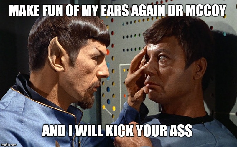 spock n bones | MAKE FUN OF MY EARS AGAIN DR MCCOY; AND I WILL KICK YOUR ASS | image tagged in spock n bones | made w/ Imgflip meme maker
