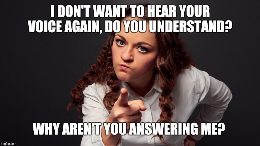 Angry Woman Pointing Finger | I DON'T WANT TO HEAR YOUR VOICE AGAIN, DO YOU UNDERSTAND? WHY AREN'T YOU ANSWERING ME? | image tagged in angry woman pointing finger | made w/ Imgflip meme maker