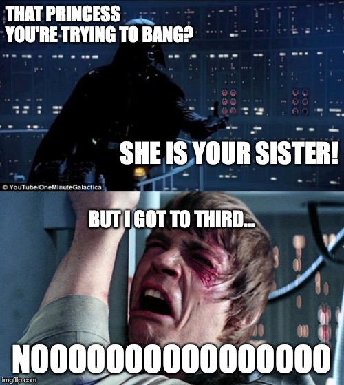 Dad is thankful Mom didn't live to see this! | THAT PRINCESS YOU'RE TRYING TO BANG? SHE IS YOUR SISTER! BUT I GOT TO THIRD... NOOOOOOOOOOOOOOOO | image tagged in darth vader luke skywalker | made w/ Imgflip meme maker