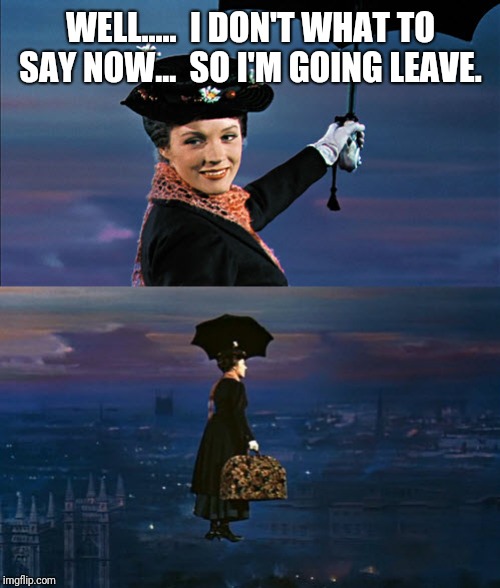 Mary Poppins Leaving | WELL.....  I DON'T WHAT TO SAY NOW...  SO I'M GOING LEAVE. | image tagged in mary poppins leaving | made w/ Imgflip meme maker