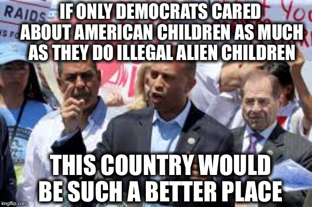 IF ONLY DEMOCRATS CARED ABOUT AMERICAN CHILDREN AS MUCH AS THEY DO ILLEGAL ALIEN CHILDREN; THIS COUNTRY WOULD BE SUCH A BETTER PLACE | image tagged in illegal immigration,illegal aliens,democrats,democratic party | made w/ Imgflip meme maker