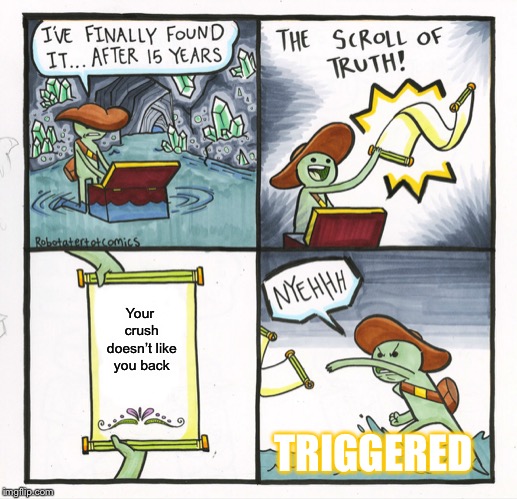 The Scroll Of Truth Meme | Your crush doesn’t like you back; TRIGGERED | image tagged in memes,the scroll of truth | made w/ Imgflip meme maker