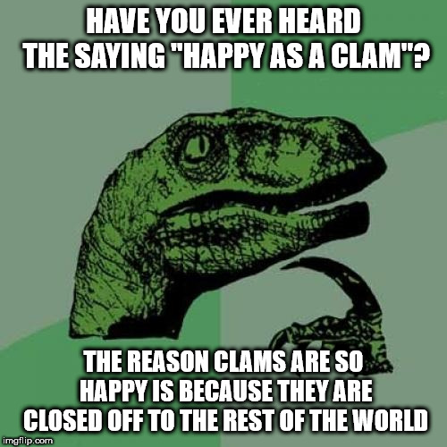 Philosoraptor | HAVE YOU EVER HEARD THE SAYING "HAPPY AS A CLAM"? THE REASON CLAMS ARE SO HAPPY IS BECAUSE THEY ARE CLOSED OFF TO THE REST OF THE WORLD | image tagged in memes,philosoraptor | made w/ Imgflip meme maker
