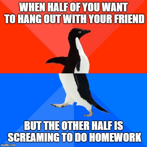 Socially Awesome Awkward Penguin | WHEN HALF OF YOU WANT TO HANG OUT WITH YOUR FRIEND; BUT THE OTHER HALF IS SCREAMING TO DO HOMEWORK | image tagged in memes,socially awesome awkward penguin | made w/ Imgflip meme maker