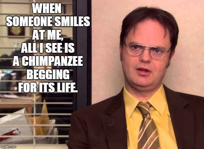 Dwight Schrute 01 | WHEN SOMEONE SMILES AT ME, ALL I SEE IS A CHIMPANZEE BEGGING FOR ITS LIFE. | image tagged in dwight schrute | made w/ Imgflip meme maker