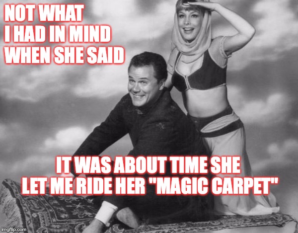 A nice view though. | NOT WHAT I HAD IN MIND WHEN SHE SAID; IT WAS ABOUT TIME SHE LET ME RIDE HER "MAGIC CARPET" | image tagged in i dream of jeannie | made w/ Imgflip meme maker