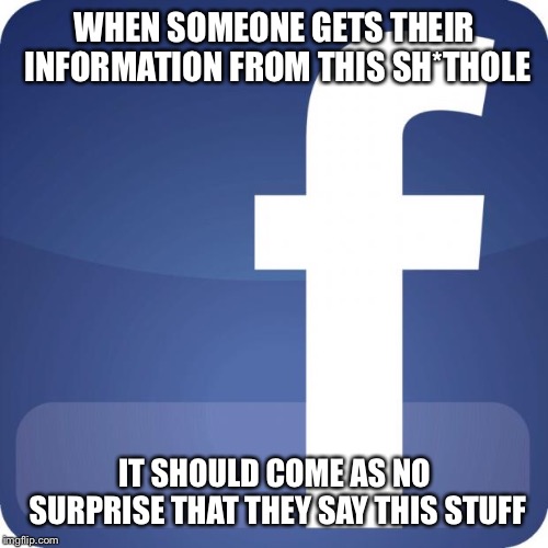 facebook | WHEN SOMEONE GETS THEIR INFORMATION FROM THIS SH*THOLE IT SHOULD COME AS NO SURPRISE THAT THEY SAY THIS STUFF | image tagged in facebook | made w/ Imgflip meme maker