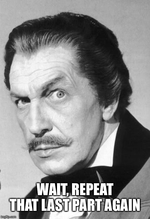 Vincent Price | WAIT, REPEAT THAT LAST PART AGAIN | image tagged in vincent price | made w/ Imgflip meme maker