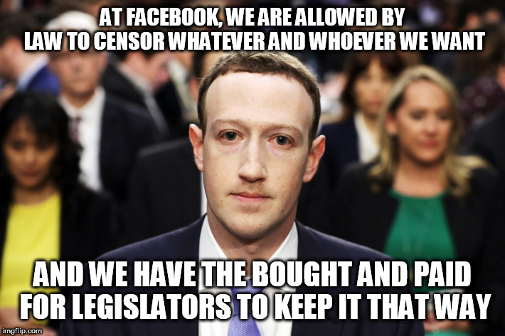 Mark Zuckerberg | AT FACEBOOK, WE ARE ALLOWED BY LAW TO CENSOR WHATEVER AND WHOEVER WE WANT; AND WE HAVE THE BOUGHT AND PAID FOR LEGISLATORS TO KEEP IT THAT WAY | image tagged in mark zuckerberg | made w/ Imgflip meme maker