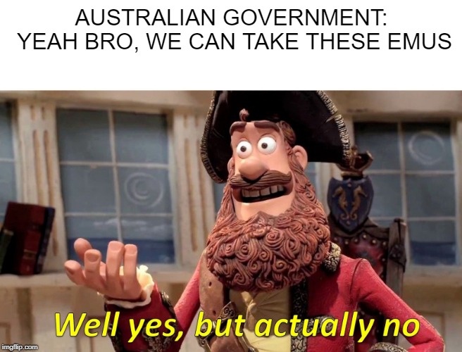 Well Yes, But Actually No | AUSTRALIAN GOVERNMENT: YEAH BRO, WE CAN TAKE THESE EMUS | image tagged in well yes but actually no | made w/ Imgflip meme maker