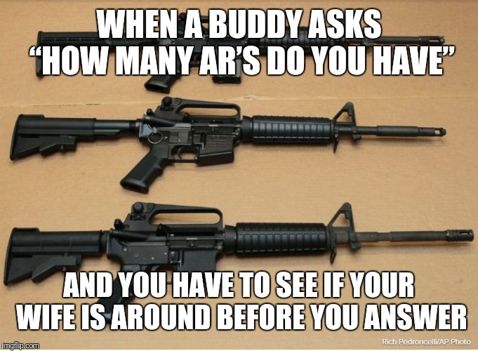 AR15 | WHEN A BUDDY ASKS “HOW MANY AR’S DO YOU HAVE”; AND YOU HAVE TO SEE IF YOUR WIFE IS AROUND BEFORE YOU ANSWER | image tagged in ar15,firearmfriendly | made w/ Imgflip meme maker
