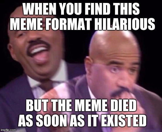 Steve Harvey Laughing Serious | WHEN YOU FIND THIS MEME FORMAT HILARIOUS; BUT THE MEME DIED AS SOON AS IT EXISTED | image tagged in steve harvey laughing serious | made w/ Imgflip meme maker