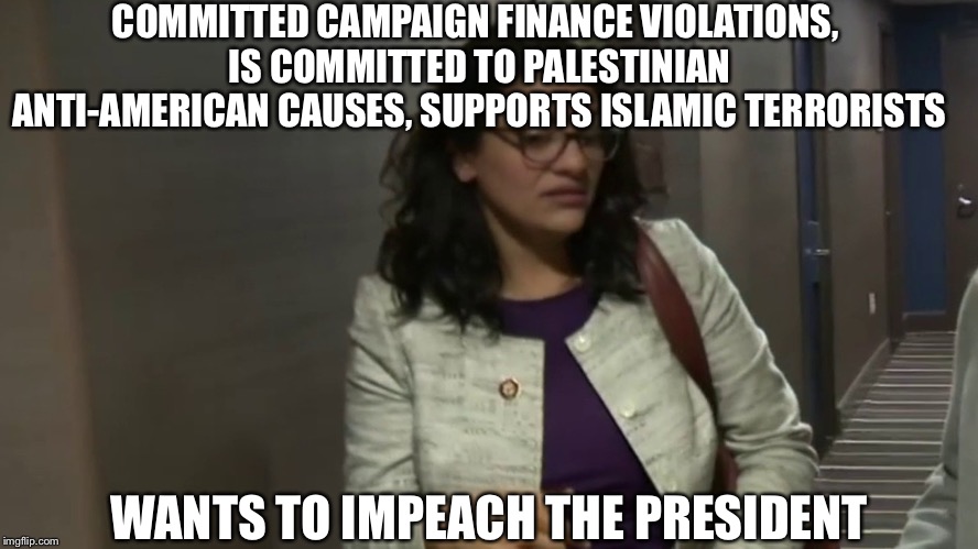 rashida tlaib | COMMITTED CAMPAIGN FINANCE VIOLATIONS, IS COMMITTED TO PALESTINIAN ANTI-AMERICAN CAUSES, SUPPORTS ISLAMIC TERRORISTS; WANTS TO IMPEACH THE PRESIDENT | image tagged in rashida tlaib,liberal logic,terrorists,palestine,radical islam,democratic party | made w/ Imgflip meme maker