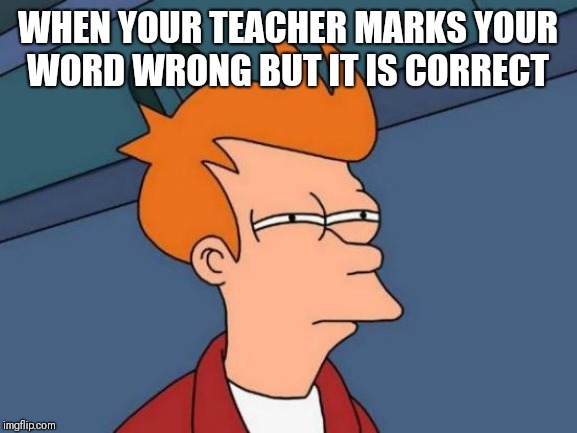 Futurama Fry Meme | WHEN YOUR TEACHER MARKS YOUR WORD WRONG BUT IT IS CORRECT | image tagged in memes,futurama fry | made w/ Imgflip meme maker