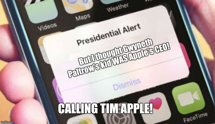 Mistaken Identity | But I thought Gwyneth Paltrow's kid WAS Apple's CEO! CALLING TIM APPLE! | image tagged in memes,presidential alert,president trump,apple,ceo | made w/ Imgflip meme maker