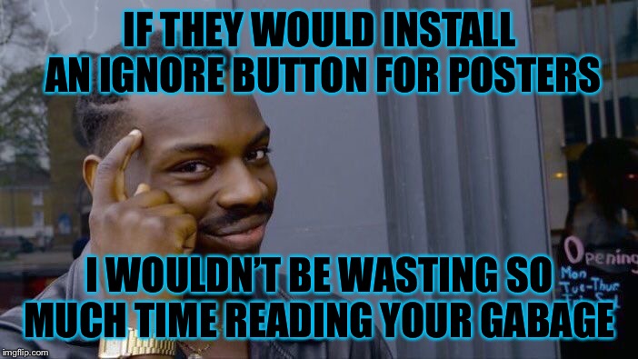 Roll Safe Think About It Meme | IF THEY WOULD INSTALL AN IGNORE BUTTON FOR POSTERS; I WOULDN’T BE WASTING SO MUCH TIME READING YOUR GABAGE | image tagged in memes,roll safe think about it | made w/ Imgflip meme maker