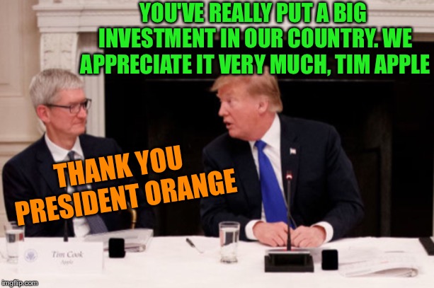 It’s all getting a bit fruity | YOU'VE REALLY PUT A BIG INVESTMENT IN OUR COUNTRY. WE APPRECIATE IT VERY MUCH, TIM APPLE; THANK YOU PRESIDENT ORANGE | image tagged in donald trump,tim cook,wtf,come back,funny | made w/ Imgflip meme maker