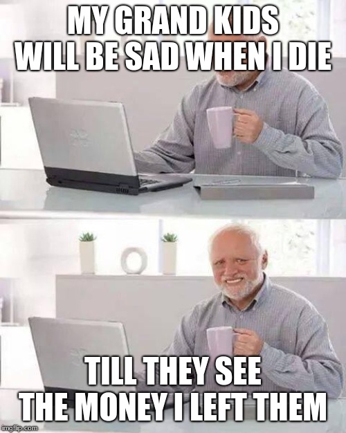 Hide the Pain Harold Meme | MY GRAND KIDS WILL BE SAD WHEN I DIE; TILL THEY SEE THE MONEY I LEFT THEM | image tagged in memes,hide the pain harold,death,money | made w/ Imgflip meme maker