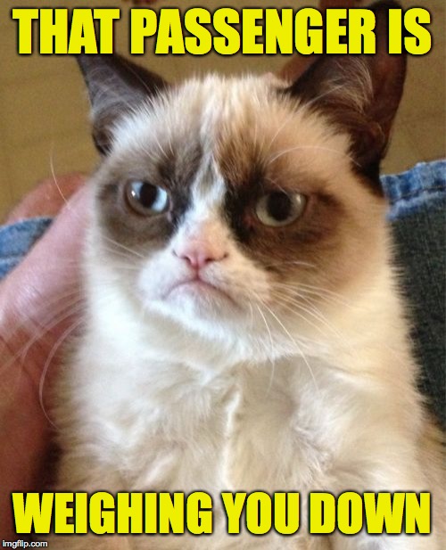 Grumpy Cat Meme | THAT PASSENGER IS WEIGHING YOU DOWN | image tagged in memes,grumpy cat | made w/ Imgflip meme maker