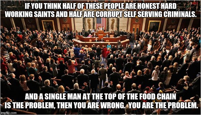 If you vote for incumbents, you deserve the government you have.  | IF YOU THINK HALF OF THESE PEOPLE ARE HONEST HARD WORKING SAINTS AND HALF ARE CORRUPT SELF SERVING CRIMINALS. AND A SINGLE MAN AT THE TOP OF THE FOOD CHAIN IS THE PROBLEM, THEN YOU ARE WRONG.  YOU ARE THE PROBLEM. | image tagged in congress,congress sucks,never vote incumbent,vote them all out,state rights | made w/ Imgflip meme maker