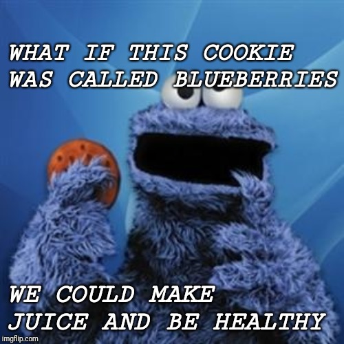 cookie monster | WHAT IF THIS COOKIE WAS CALLED BLUEBERRIES; WE COULD MAKE JUICE AND BE HEALTHY | image tagged in cookie monster | made w/ Imgflip meme maker