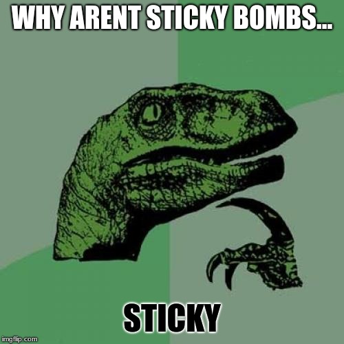 Philosoraptor | WHY ARENT STICKY BOMBS... STICKY | image tagged in memes,philosoraptor | made w/ Imgflip meme maker