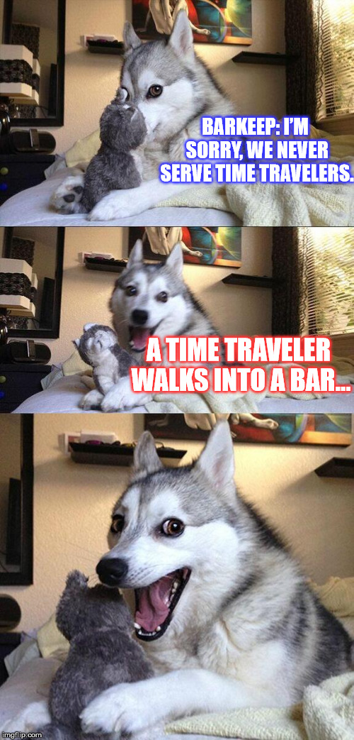 Bad Time Traveler Pun! | BARKEEP: I’M SORRY, WE NEVER SERVE TIME TRAVELERS. A TIME TRAVELER WALKS INTO A BAR... | image tagged in memes,bad pun dog,funny,dogs,time travel,bartender | made w/ Imgflip meme maker
