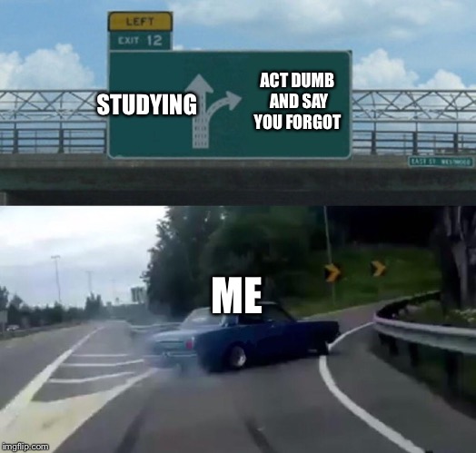 Left Exit 12 Off Ramp Meme | ACT DUMB AND SAY YOU FORGOT; STUDYING; ME | image tagged in memes,left exit 12 off ramp | made w/ Imgflip meme maker
