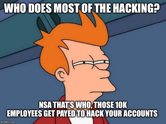 Futurama Fry | WHO DOES MOST OF THE HACKING? NSA THAT’S WHO, THOSE 10K EMPLOYEES GET PAYED TO HACK YOUR ACCOUNTS | image tagged in memes,futurama fry | made w/ Imgflip meme maker