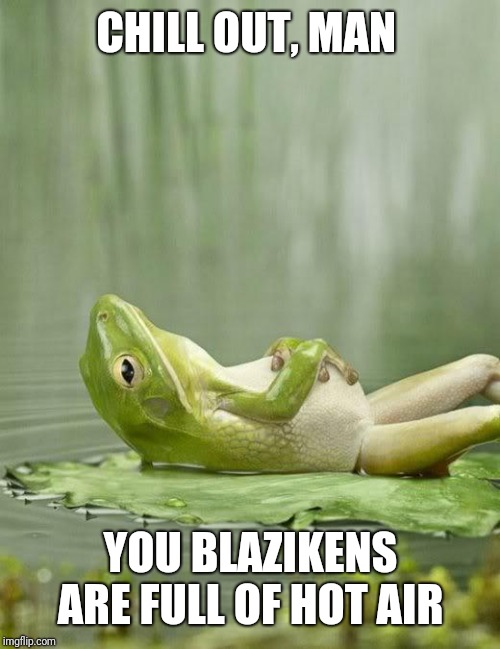 ChillinFrog | CHILL OUT, MAN YOU BLAZIKENS ARE FULL OF HOT AIR | image tagged in chillinfrog | made w/ Imgflip meme maker