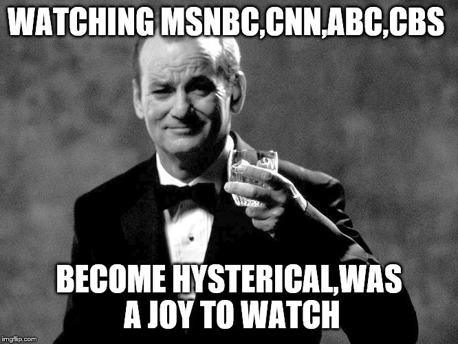 Bill Murray well played sir | WATCHING MSNBC,CNN,ABC,CBS BECOME HYSTERICAL,WAS A JOY TO WATCH | image tagged in bill murray well played sir | made w/ Imgflip meme maker