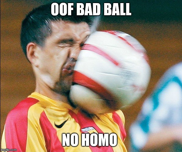getting hit in the face by a soccer ball | OOF BAD BALL; NO HOMO | image tagged in getting hit in the face by a soccer ball | made w/ Imgflip meme maker