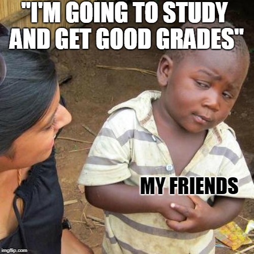 Third World Skeptical Kid Meme | "I'M GOING TO STUDY AND GET GOOD GRADES"; MY FRIENDS | image tagged in memes,third world skeptical kid | made w/ Imgflip meme maker