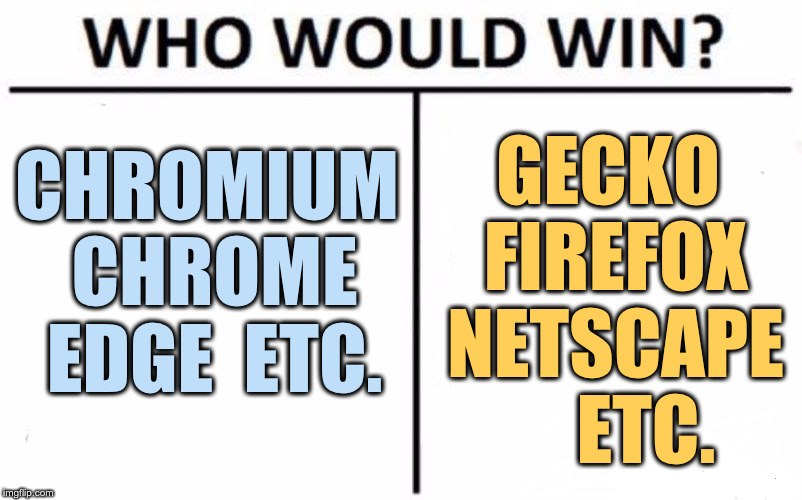 Who Would Win? Meme | CHROMIUM CHROME EDGE  ETC. GECKO FIREFOX NETSCAPE     ETC. | image tagged in memes,who would win | made w/ Imgflip meme maker