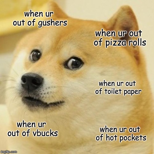 Doge Meme | when ur out of gushers; when ur out of pizza rolls; when ur out of toilet paper; when ur out of vbucks; when ur out of hot pockets | image tagged in memes,doge | made w/ Imgflip meme maker