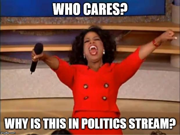 Oprah You Get A Meme | WHO CARES? WHY IS THIS IN POLITICS STREAM? | image tagged in memes,oprah you get a | made w/ Imgflip meme maker
