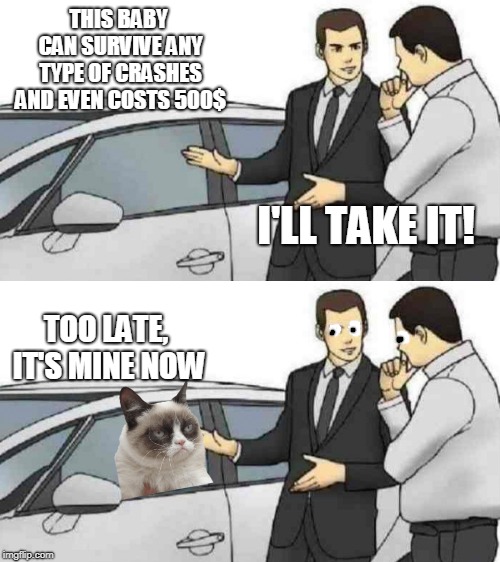 THIS BABY CAN SURVIVE ANY TYPE OF CRASHES AND EVEN COSTS 500$; I'LL TAKE IT! TOO LATE, IT'S MINE NOW | image tagged in memes,car salesman slaps roof of car | made w/ Imgflip meme maker