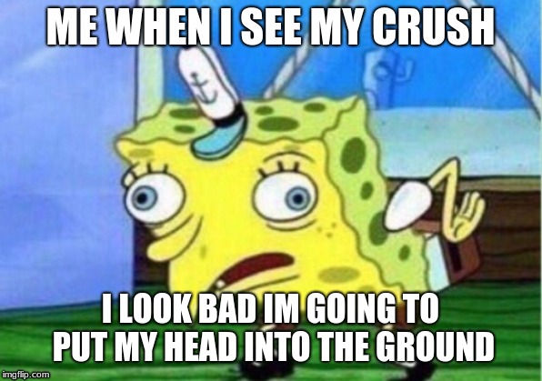 Mocking Spongebob Meme | ME WHEN I SEE MY CRUSH; I LOOK BAD IM GOING TO PUT MY HEAD INTO THE GROUND | image tagged in memes,mocking spongebob | made w/ Imgflip meme maker