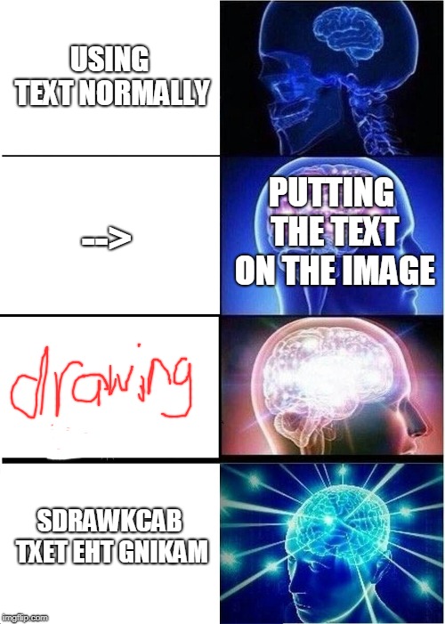 Expanding Brain | USING TEXT NORMALLY; PUTTING THE TEXT ON THE IMAGE; -->; SDRAWKCAB TXET EHT GNIKAM | image tagged in memes,expanding brain | made w/ Imgflip meme maker